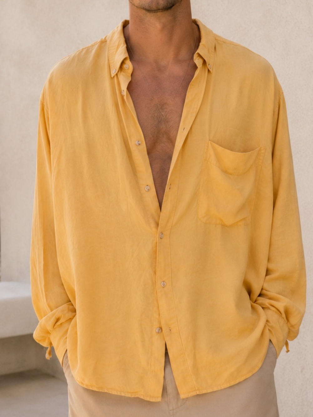 Vintage Go Silk Men MEDIUM Yellow Oversize Silk Shirt